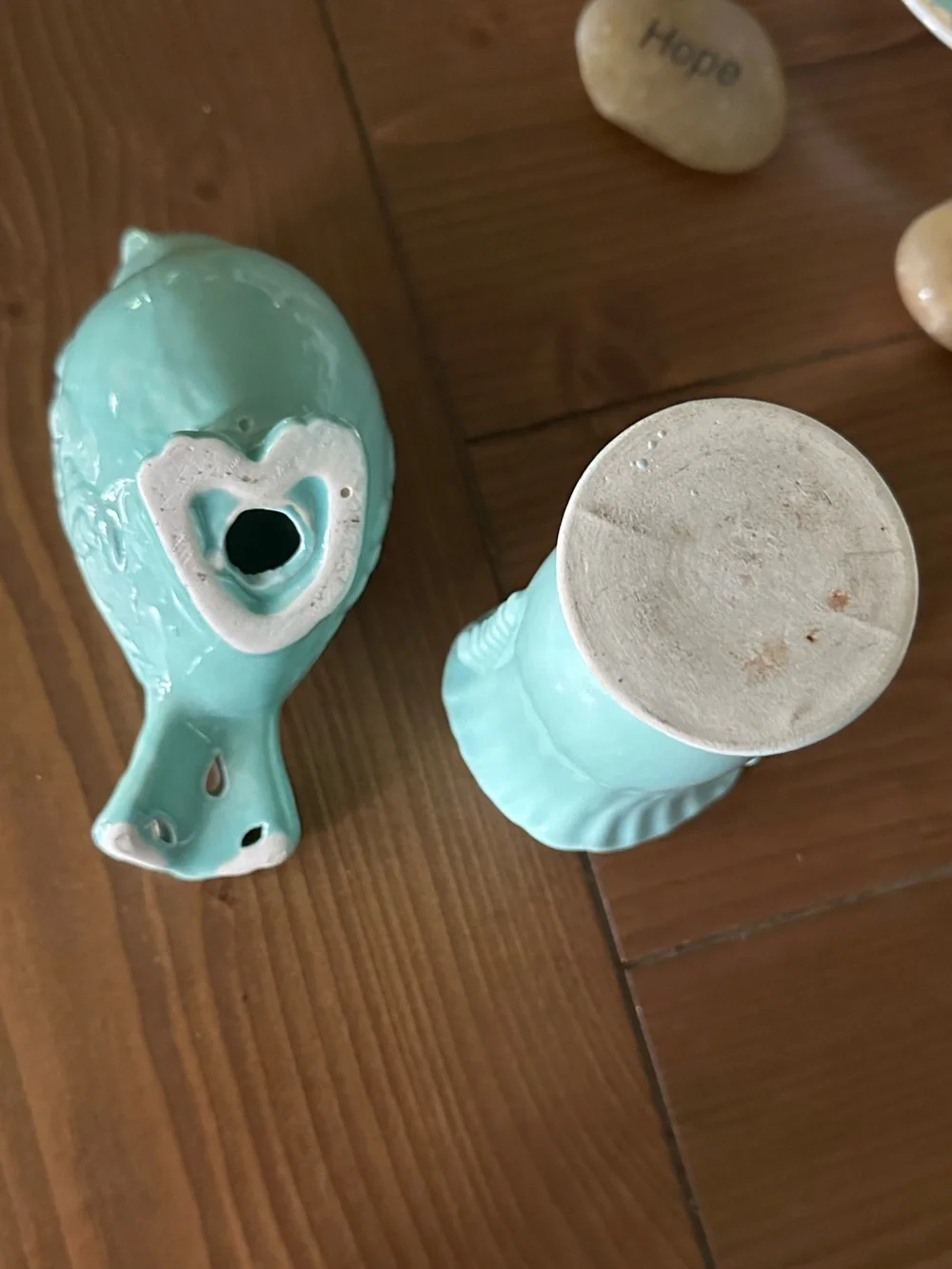 Ceramic Teal Blue Decorative Bird Figurine and Vase Set